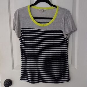 Skies Are Blue Gray and Black Striped Tee with Yellow Accent